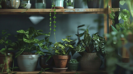 Fototapeta na wymiar Cozy indoor garden shelf with a variety of lush houseplants.