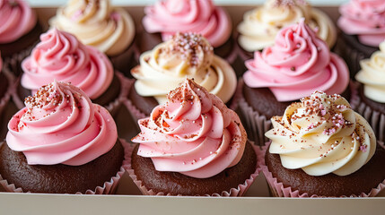 Pink cream cupcakes in a box for holiday delivery