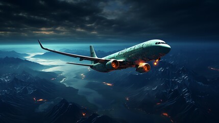 Obraz premium White passenger wide-body plane with left roll. Aircraft is flying over the blue sky 