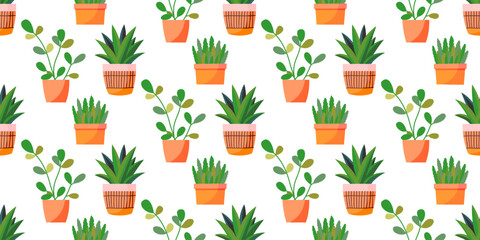 Seamless background with decorative indoor plants. Colorful vector illustration background with a variety of potted indoor plants. 