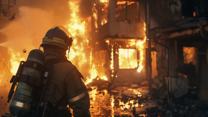 Firefighter in action battling a fierce blaze engulfing a building, dramatic rescue scene.