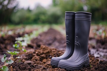 Black rain boots in the dirt, garden background. Soggy soil. Vegetable field, farm. Agriculture. Space for text or copy area. Rubber shoes. Workwear during spring planting season. Vegetable garden - obrazy, fototapety, plakaty