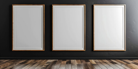 	
empty vertical frame on black wall mockup with wood floor background	
