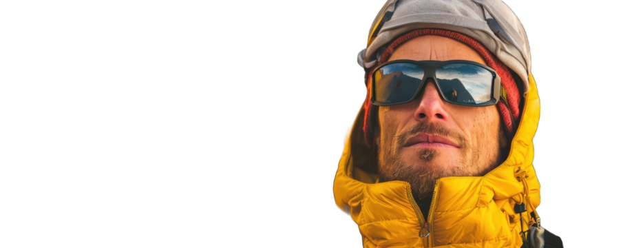 A  portrait of the young alpinist man in winter with ski goggles
