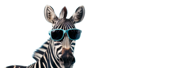 A portrait of the funny and cool zebra with sunglasses, animal from the Safari.