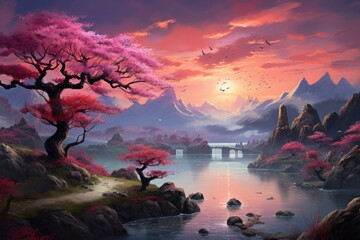 Mystical Oriental landscape sakura. Asia house. Generate Ai