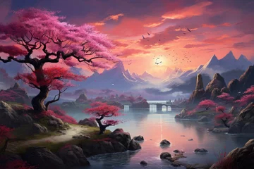 Photo sur Aluminium Couleur saumon Mystical Oriental landscape sakura. Asia house. Generate Ai