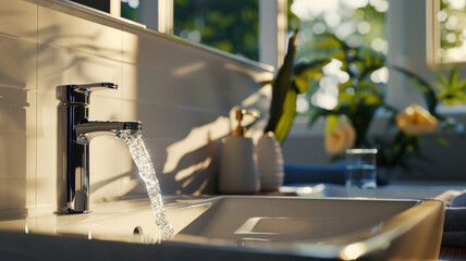 Sunlight bathes a modern kitchen faucet, with running water in a serene home. - obrazy, fototapety, plakaty