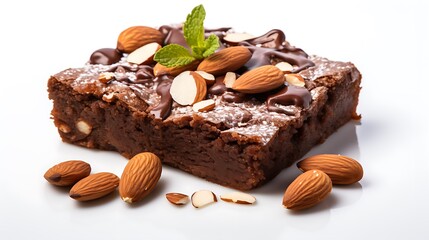 Chocolate brownie with almond topping with white background