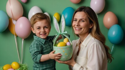 Fototapeta na wymiar Family happiness and Easter celebration concept. Woman and little boy with cheerful smiles. Mother holds son on green background. Mom and child spend time together making Easter decorations.