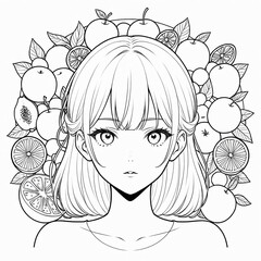 Line drawing of a young girl in kawaii style