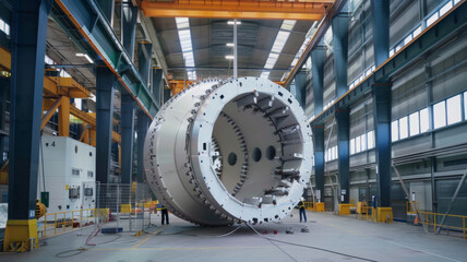 A giant turbine component dominates the industrial hall of a manufacturing plant.