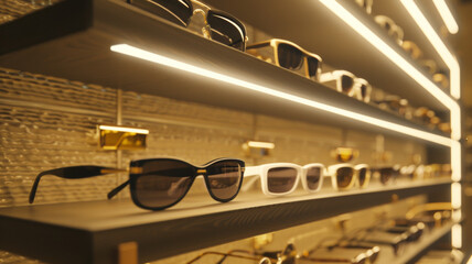 Elegant eyewear showcased on a beautifully lit display in a luxurious retail environment.