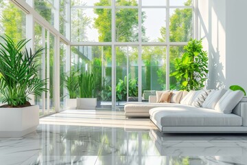 Modern Living Room Design, Luxury Elegant Interior, Green Plants, Panoramic Windows, Copy Space