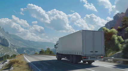 A delivery truck journeying along a scenic mountain highway under a vivid blue sky.