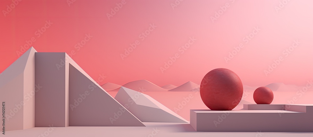 Poster a 3d rendering of a pyramid and eggs on a magenta background, with a sky full of clouds. the landsca