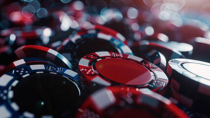 Obraz premium Gleaming casino chips stacked high, capturing the thrill and risk of gambling.
