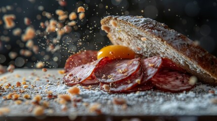 Artisan bread with salami and fresh egg topping