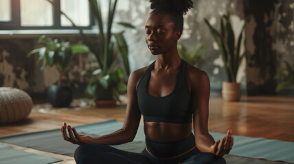 Woman in harmony, meditating in a serene indoor space with natural light filtering in.