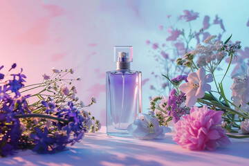 Perfume bottle mockup with different flowers for beauty branding with copy space, good composition, purple, violet, lavender scent