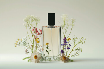 Perfume bottle mockup with different flowers for beauty branding with copy space, good composition