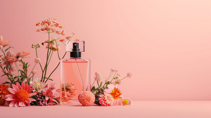 Perfume bottle mockup with different flowers for beauty branding with copy space, good composition