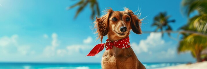 Small Dachshund wearing a red bandana in front of a vibrant beach backdrop complete with palm trees and a clear blue sky created with Generative AI Technology