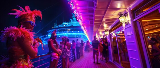 Themed cruise party, costumes, deck, vibrant lighting, eye level, festive mood.
