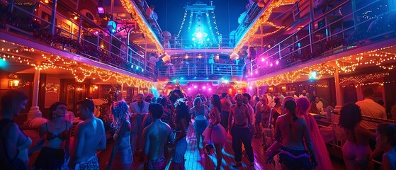 Themed cruise party, costumes, deck, vibrant lighting, eye level, festive mood.