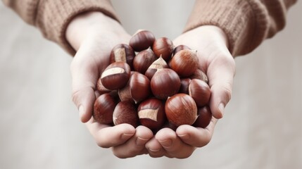 The gardener's hand holds a chestnut and lifts it upwards. - obrazy, fototapety, plakaty