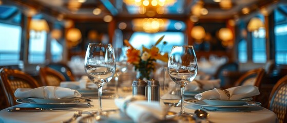 Fototapeta na wymiar Solo traveler dining at cruise ship's captain table, prestigious, eye-level, engaging, honored guest.