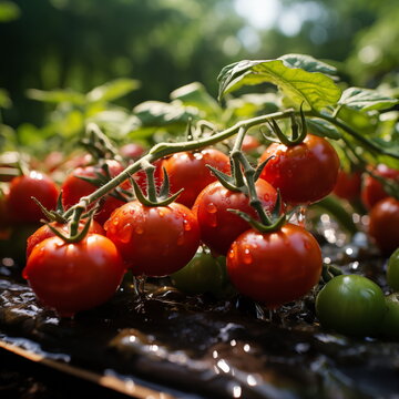 Closeup view of tomatoes growing outdoors on farm, agricultural concept picture 