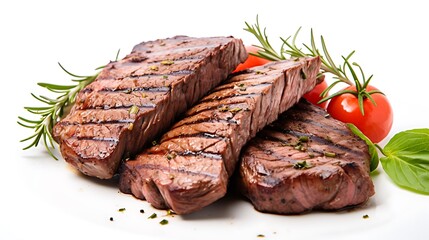 Grilled sliced Beef Steak with tomatoes and rosemary on a plate Isolated on white background top view