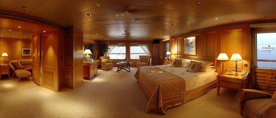 Luxurious cruise ship suite, tidy, warm lighting, wide angle, welcoming, detailed.