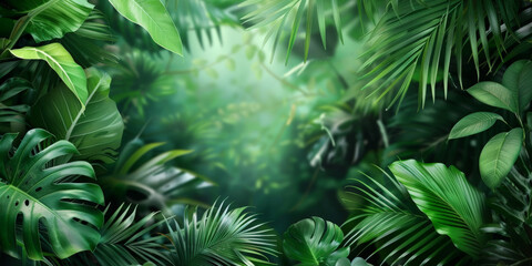 Fototapeta premium A tropical rainforest background with lush green leaves, perfect for summer events, copy space