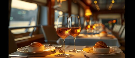 Gourmet meal presentation, cruise dining, detailed, soft ambient light, culinary delight.