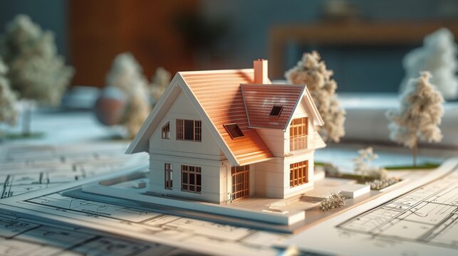 A 3D architectural model of a house over blueprints