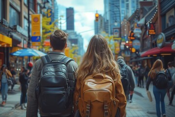 Young couple enjoying a stroll in a bustling urban environment, with vivid color accents - obrazy, fototapety, plakaty
