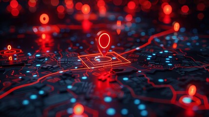 A digital map with a prominent red location pin and multiple smaller pins