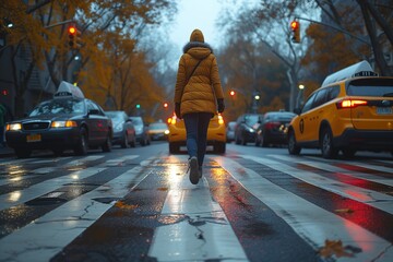 A person in a yellow jacket walking across a zebra crossing on a rainy autumn day with cars & blurred traffic lights - obrazy, fototapety, plakaty