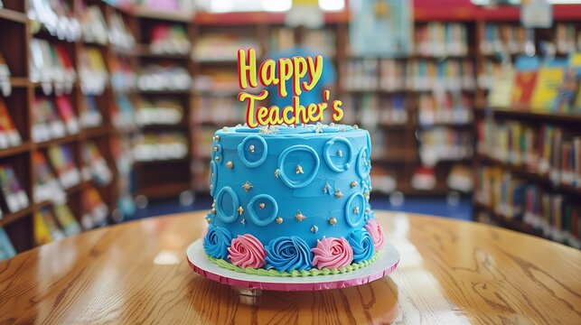 Celebratory Happy Teacher's Day Cake on Library Table