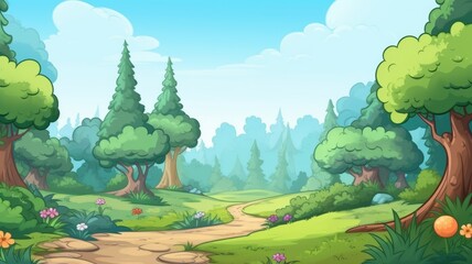 cartoon landscape with a winding path and lush greenery under a blue sky