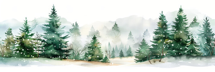 watercolor painting of a forest of pine trees in the snow on white background, watercolor forest in winter, banner