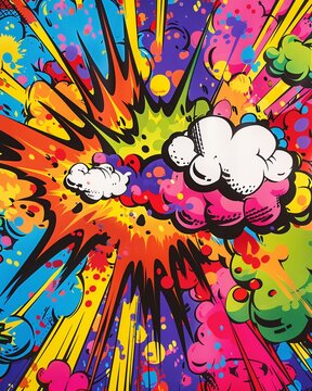 Colorful pop art explosion with comic book style speech bubbles and onomatopoeic words