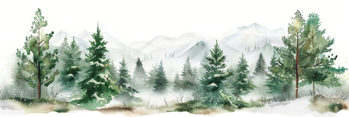 watercolor painting of a forest of pine trees in the snow on white background, watercolor forest in winter, banner