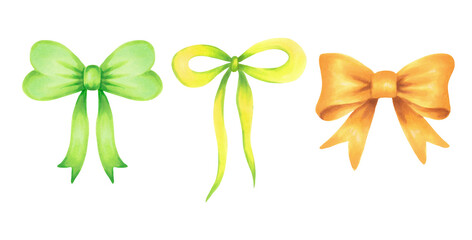 Set of bows yellow, green. Illustration with watercolor and marker. Hand drawn isolated art. Ribbon for decorating bouquets for weddings, birthdays, Mother's Day, Easter, Christmas and Patrick's Day.