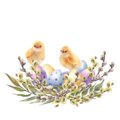 Happy Easter card, wreath with little chicks, color eggs, and spring twigs, Hand drawn watercolor illustration isolated on white background.