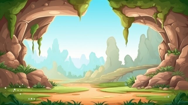 Cartoon vector cave landscape, path through a rocky arch, with lush greenery and distant mountains