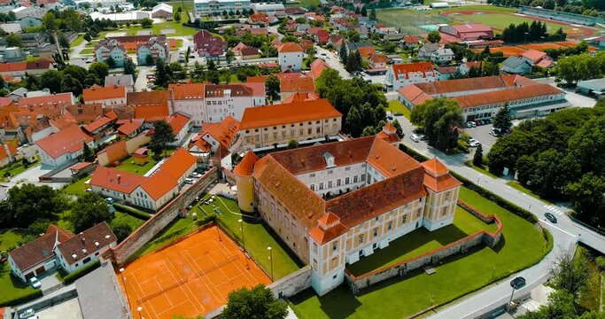 Aerial view of the medieval castle in Slovenski Bistrica in the center of the city