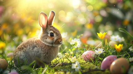 easter bunny delightfully scouring grass for hidden eggs in a festive hunt. AI generated 